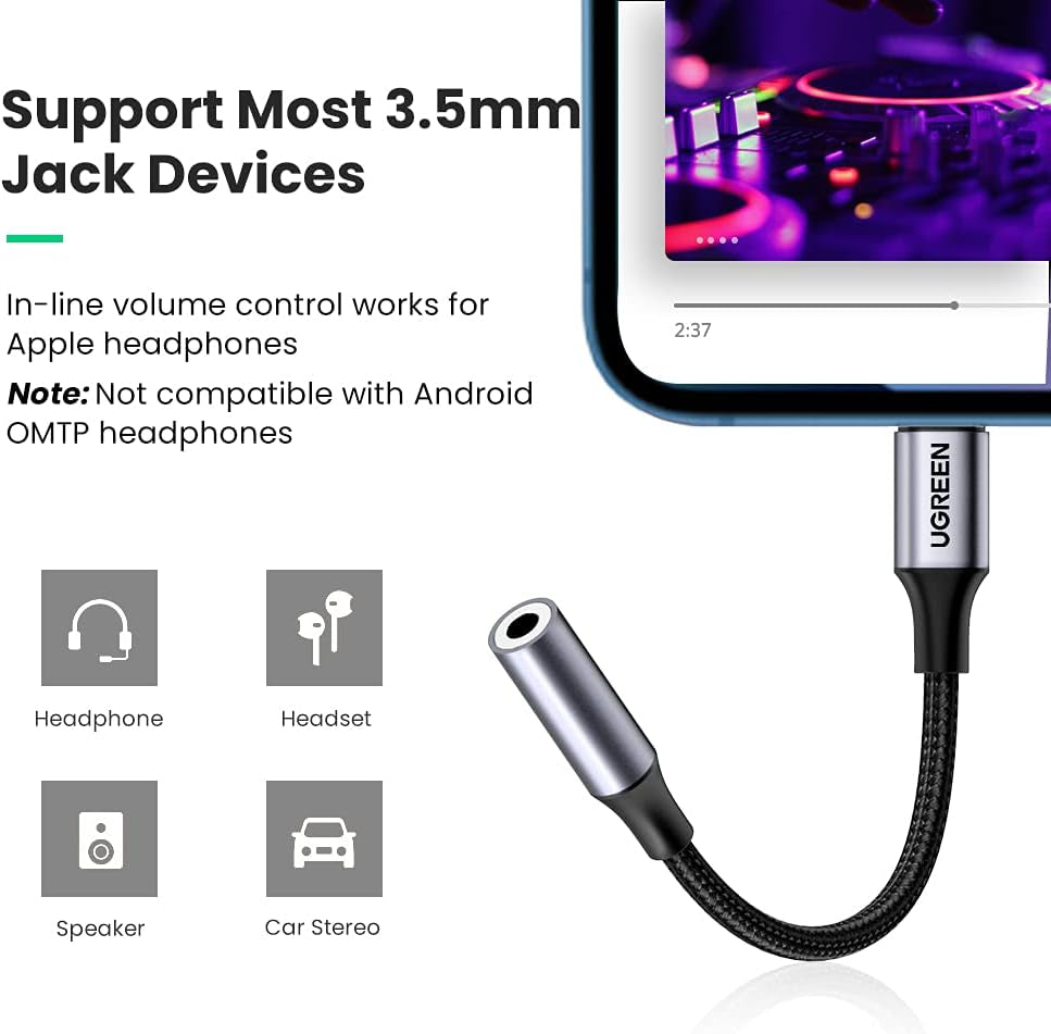 UGREEN Headphone Adapter Lightning to 3.5Mm Adapter Apple Mfi Certified Aux Audio Jack Dongle Compatible with Iphone 14 Pro Max/14 Plus/13 12 Pro Max/Se/11 Pro Max/Xs, Grey